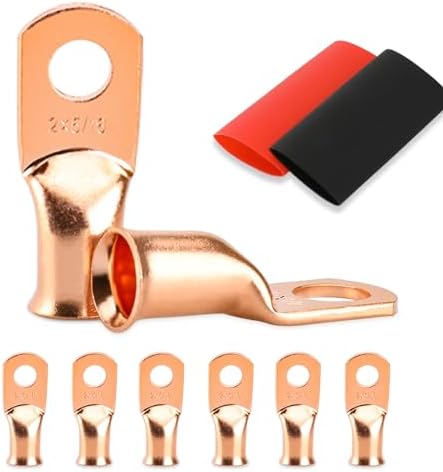 Battery Cable Ends, 8PCS 2 Gauge Wire Connectors 5/16 Copper Wire Lugs, Bare Copper Eyelets with Heat Shrink Tubing