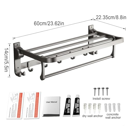 Image of Towel Holder in Bathroom Towel Hanger for Wall Bathroom Towel Rack with Towel Bar and Hooks 60cm Foldable Towel Rod Wall Mounted Lavatory Towel Stand Gray Finish