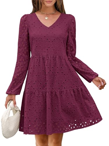 ANRABESS Long Sleeve V Neck Dresses for Women Eyelet Hollow Out Business Casual Tiered 2025 Fall Mini Dress with Pockets