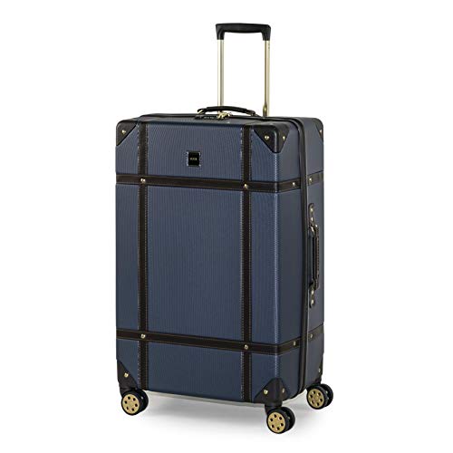 Rock Vintage Large Hard Shell Hold Suitcase in Navy - Nostalgic Design, Dual 360 Swivel-Wheels, Telescopic Handle, Impact-Resistant Material & TSA Combination Lock - 78 x 47 x 30cm 4.6KG