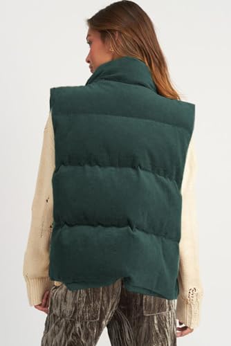 Women's Jungle Green Corduroy Stand Neck Zipped Puffer Vest for Casual Style3