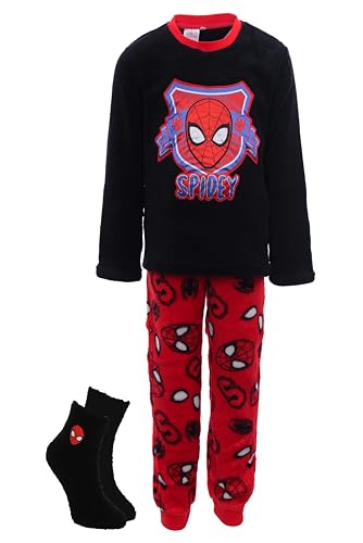 Spiderman Jungen Schlafanzug Set mit Kuschelsocken – 2-teiliges Pyjama-Set Korallen Fleece Kinder pjs Nachtwäsche Größen 98–128 Weihnachten Geschenk (DE/NL/SE/PL, Numerisch, 104, Regular, rot)