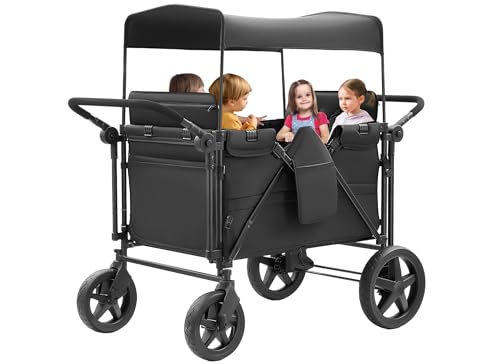 Image of Stroller Wagon for 4 Kids, Wagon Stroller Featuring 4 High Seat with 5-Point Harnesses and Adjustable Canopy, Foldable Double Push Bar Stroller for Garden, Camping (Black)