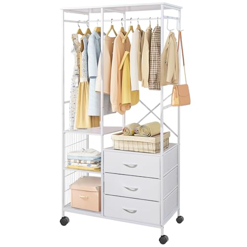 KZOBYD Kleiderständer offen auf Rollen, Schwerlast-Kleiderschrank Garderobenständer mit Kleiderstange und Schubladen, Garderobe mit Ablagen für...