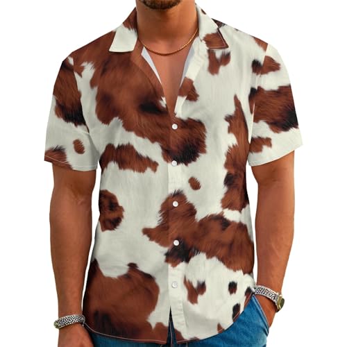 BJU Men's Hawaiian Shirt Western Cow Print Aloha Shirt Summer Beach Tropical Vacation Funny Short Sleeve Button Down Shirt