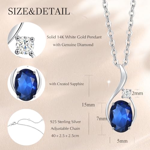 FANCIME 14K Solid White Gold Oval Gemstone Necklace with Diamond Pendant Gifts for Mom Women,16"+2" Inches3