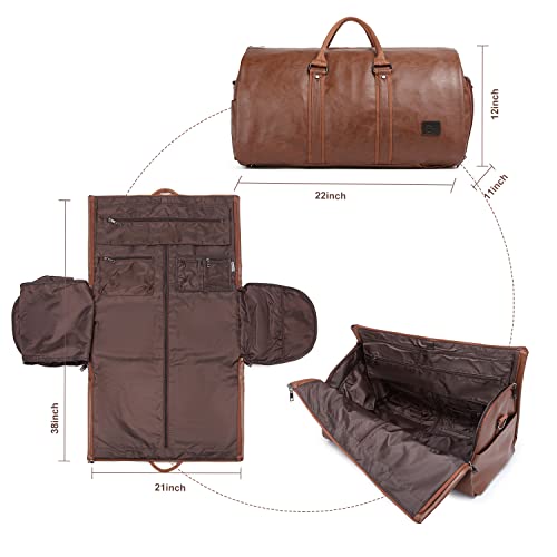 Image of Carry On Garment Backpack, Waterproof Mens Garment Bag for Travel Business, Leather Duffel Bag with Shoe Compartment -Brown