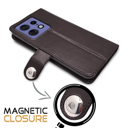 Image of Pikkme Moto Edge 50 Pro 5G Flip Cover Leather Finish | Inside TPU with Card Pockets | Wallet Stand and Shock Proof | Complete Protection Button Flip Case (Coffee)