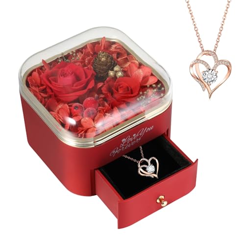 VTPURBER Preserved Real Red Roses Gifts for Her with Heart Necklace Flower Gifts for Mom Wife and Girlfriend on Christmas Valentines Day Mothers Day, Anniversary Birthday Gifts for Her