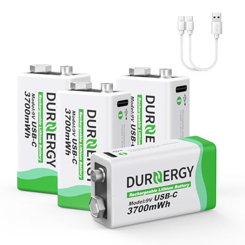 DURNERGY Rechargeable 9V Batteries 4 Pack 3700mWh 9V Lithium Battery with 2-in-1 USB-C Charging Cable High Capacity 9 Volt Lithium Batteries for Smoke Detectors Multimeters & Guitar Pedals