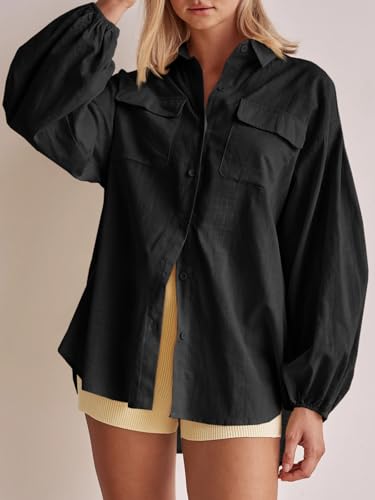 Cicy Bell Womens Oversized Button Down Shirts Puff Long Sleeve Collared V Neck Cotton Blouses Linen Loose Fit Tops3