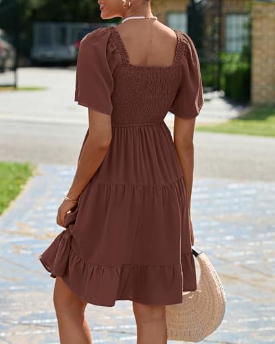Image of BTFBM Womens Summer Smocked Mini Dress Spring Square Neck Flutter Sleeve Casual Ruffle Swing Boho Beach Dresses Pockets