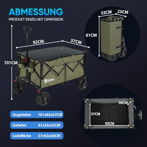 Sekey XXL Plus Bollerwagen Faltbar mit Bremsen 200L 200KG Belastbar, Extra Breite Reifen All Terrain Bollerwagen, Patentiert Zusammenfaltbar aus Vier Richtungen, XXL-PlusB 4011, Grün