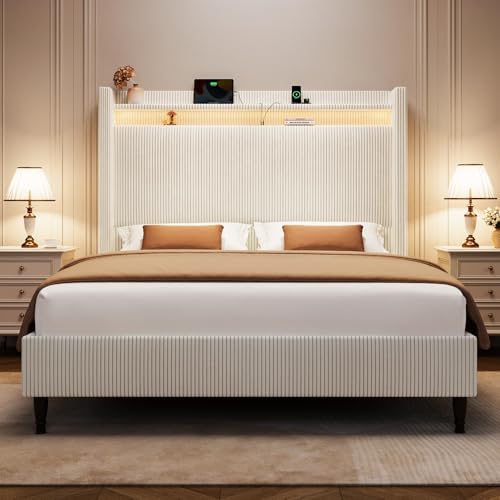Queen Bed Frame with Tall Headboard, 55.3' Upholstered...