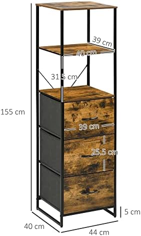 HOMCOM Industrial Storage Cabinet with 2 Open Shelves and 3 Foldable Fabric Drawers, Multifunctional Bookshelf in Living Room, Study, Bedroom, Rustic Brown