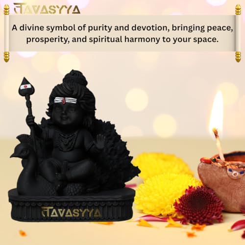 Image of Lord Murugan Idol | Bal Kartikeya /Skanda /Subrahmanya Swamy Statue with Peacock | for Mandir, Car Dashboard, Home Temple, Office Desk & Home Decor | Spiritual Diwali Gifting & Housewarming
