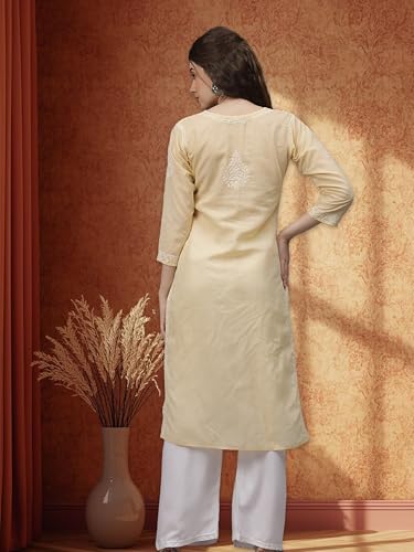 Image of Seva Chikan Hand Embroidered Lucknowi Chikankari Appricoat Peach Terivoil Cotton Kurta for Women SCL4603
