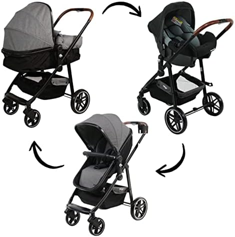 Nania - Travel System 3 in 1 - Romy Pushchair + BEONE car seat (GRP 0+) Recommended 4 Stars ADAC - Leg Cover and rain Cover - (Grey)