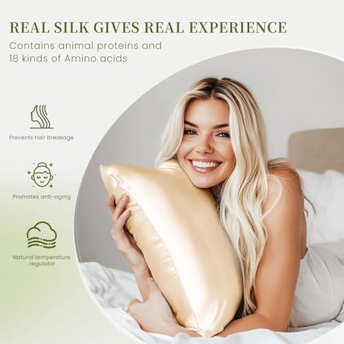 Image of THXSILK Mulberry Silk Pillowcase Queen Size, Set of 2 Pillowcases, Pillow Cover with Hidden Zipper, Soft Smooth Cooling Pillowcases for Hair and Skin, Gift for Women Men, Champagne