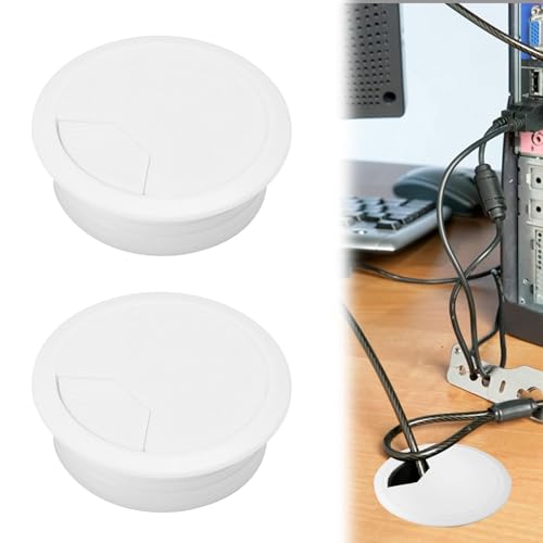 2PCS Desk Cable Hole White Desk Grommet 60mm Inner Diameter Plastic Cable Desk Cable Grommet Cord Grommet Cable Tidies for Home and Office Table Surface Port Hole Covers