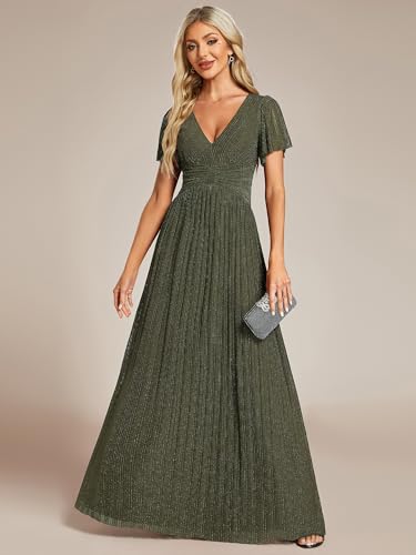 Image of Ever-Pretty Women's V-Neck Glitter Formal Dresses Pleated Short Sleeves Floor Length A-Line Mother of Bride Dress 11961