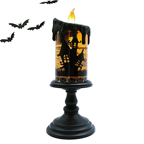 Image of Halloween Flameless Candle Snow Globe Battery Operated with 6 Hour Timer, Yellow Light Bat Decal Water Tornado Lamp LED Candlestick Halloween Season Decor Gift 4 x 10 Inches