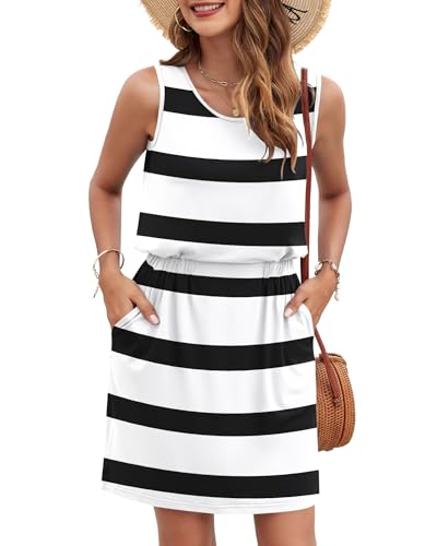 Image of AUSELILY Women Summer Dress 2025 Casual Sleeveless Sundress Crew Neck Beach Short Dresses with Pockets