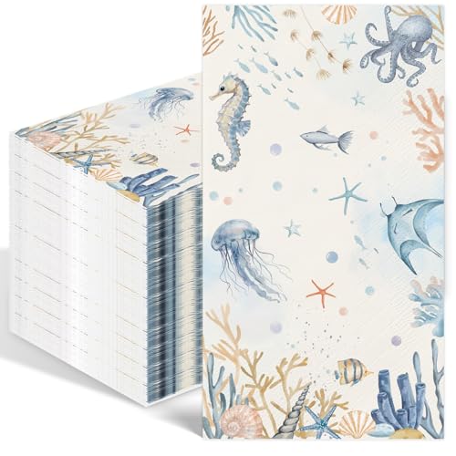 IANFEPH 100 Pcs Summer Ocean Paper Napkins Nautical Coastal Disposable Hand Towels Under the Sea Seahorse Decorative Guest Napkins for Dining Wedding Birthday Holiday Party Supplies