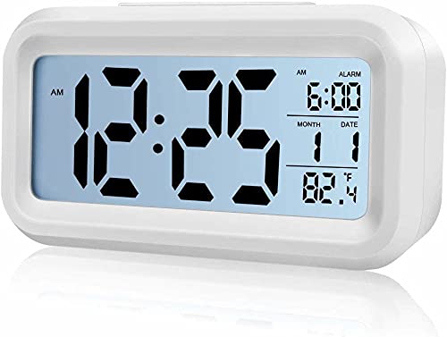 Image of SAMEZONE Digital Smart Backlight Alarm Clock with Automatic Sensor, Alarm Clocks for Bedroom, Date & Temperature Indoor Multifunctional Alarm Clock for Student Bedroom Home and Office (White)