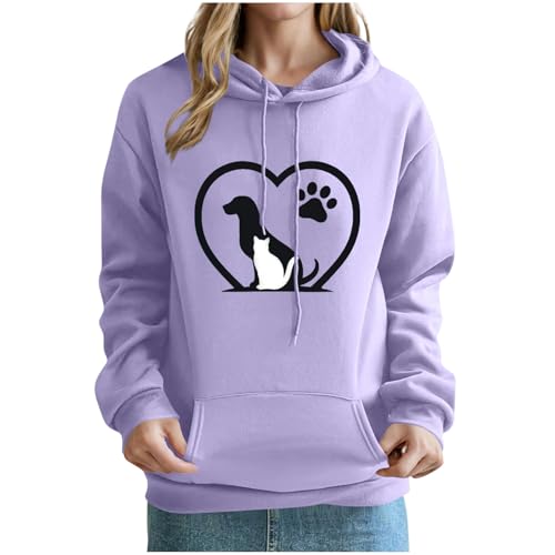 KOG Hoodie für Damen Baumwolle Sweatshirt mit Kapuze Hunde-Drucken Kapuzenpullover Warme Oberteile Hoodies Casual Oberteil Warmes Frau Fashion Oversize Kleidung Hooded Sweatshirt Lila S