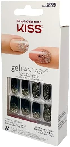 Kiss Gel Fantasy Medium Length Black Nails with Gold Glitters KGN03 Painted Veil