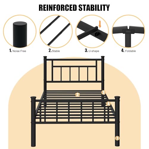 Image of Shintenchi Twin XL Square Bed Frame with Headboard and Footboard, Metal Mattress Foundation with Under Storage, Steel Slats