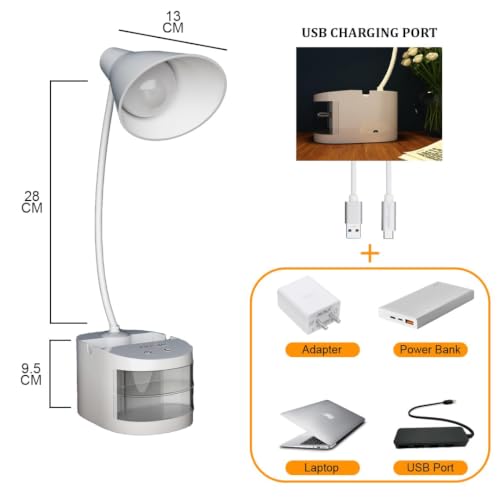 Image of fizzytech 360 Flexible LED Desk Lamp with Pen & Mobile Holder - Adjustable Study Table Lamp with Touch Control for Reading, Office, Work & Study (White)