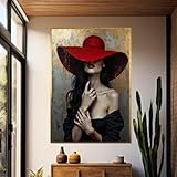 TONGYINLI Ölgemälde „Dame mit rotem Hut“ auf Leinwand, Poster und Drucke mit glamourösen Frauenmotiven, Wandbilder im Modestil, Dekoration für Schlafzimmer (50 x 70 cm/rahmenlos)
