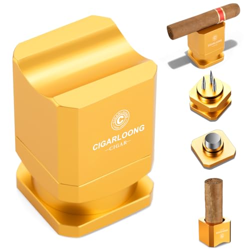 CLZOONG Cigar Punch & Cigar Stand, Stainless Steel Cigar Holder with Hole Opener Cutter & Draw Enhancer Tool Sharp Triple Needle, Compact Cigar Rest Gift for Men (Gold)