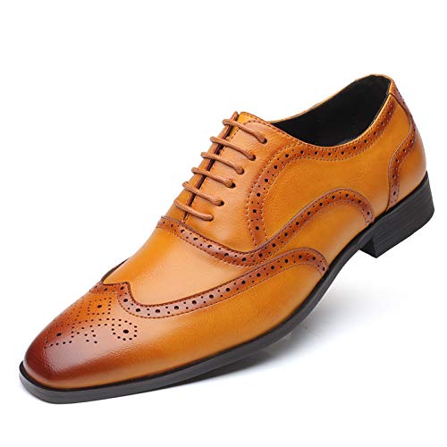Men's Leather Oxford Wingtip Dress Shoes, Brogue Pattern, Tan Brown, Lace-up