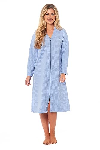 Daisy Dreamer Womens Housecoat Quilted Zip Through Dressing Gown Ladies Zipped Robe Gowns, Light Blue Large