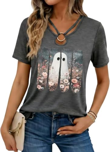 Nigbriz Women's Halloween Ghost Floral Graphic T-Shirt,Dark Grey-2,XL