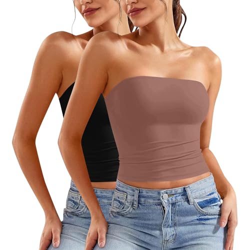 2Pack Womens Bandeau Bras Corset Sexy Hot Girl Strapless Crop Tank Tops Stretchy Comfy Seamless Bralettes Tube Top Brown&Black Small