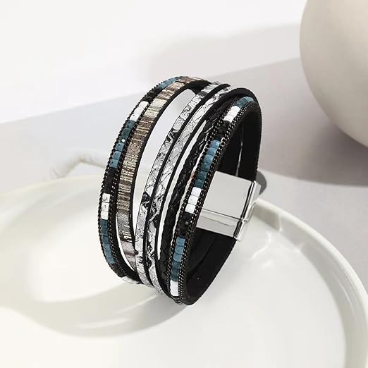 Image of THE MEN THING Leather Bracelet for Men - American Style Genuine Leather Multi-Layer Braided Bracelet with 100% Stainless Steel Magnetic Buckle for Men & Boys (8 inch)