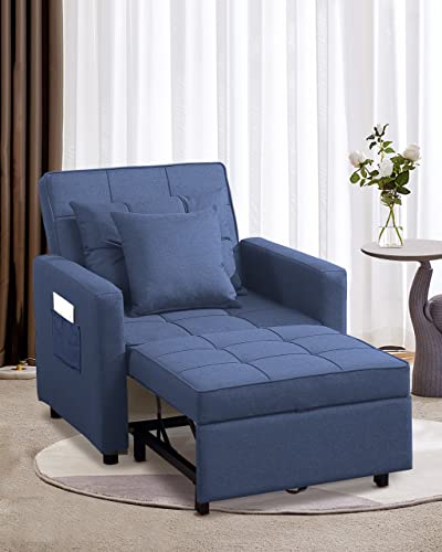 XSPRACER Convertible Chair Bed, Sleeper Chair Bed 3 in 1, Adjustable Recliner,Armchair, Sofa, Bed, Linen, Denim Blue, Single One