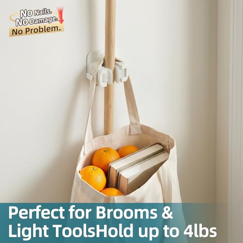 Image of TAILI Mop and Broom Holder Wall Mount Grippers, 3 Hangers and 8 Adhesive Strips, Damage Free Hanging Wall Mount, Household Cleaning Organizer for Organization and Storage, Holds up to 4 lbs, White