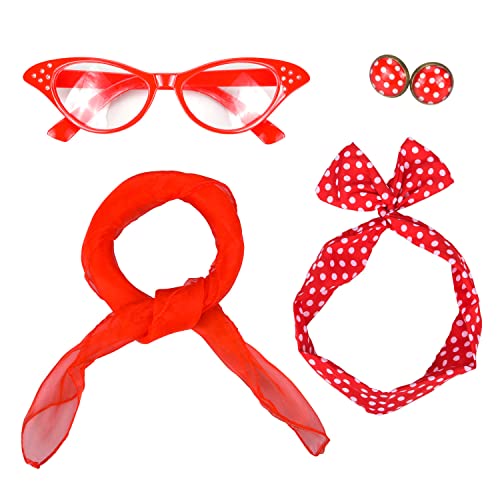 Fvomye Juego de accesorios de disfraz retro de los años 50 para mujer, 4 piezas, estilo lunares, aretes de los años 50, corbata y diadema, bufanda (rojo) Cover