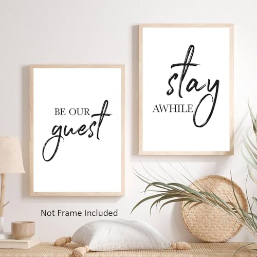 LUHDFYS Be Our Guest Sign Wall Decor Modern Canvas Prints Black and White Posters And Prints for Living Room Wall Decor Minimalist Wall Art Stay Awhile Signs for Home Decor Unframed