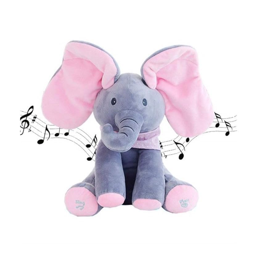 Musical Peek-a-Boo Elephant Stuffed Toy - Interactive Singing Plush Animal with Flapping Moving Ears, Soft Grey and Pink Elephant Doll with 2 Play Modes for Baby, Toddlers, Kids-image-41