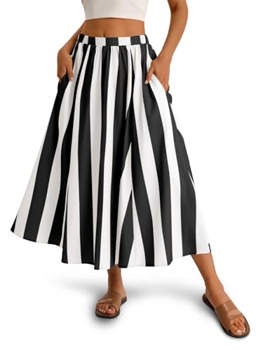 Image of Cicy Bell Womens Summer Striped Maxi Skirts A-Line Beach Vacation Outfits | Elastic Waist, Side Pockets, Flowy, Midi Length, Color Contrast, Trendy Casual