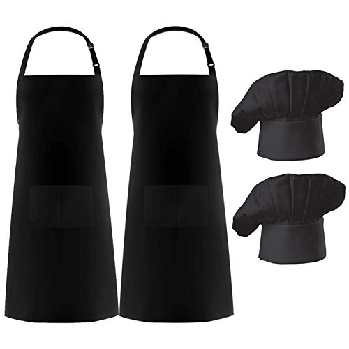 Hyzrz 2 Pack Apron Chef Hat Set, Adjustable Black Bib Cooking Aprons Water