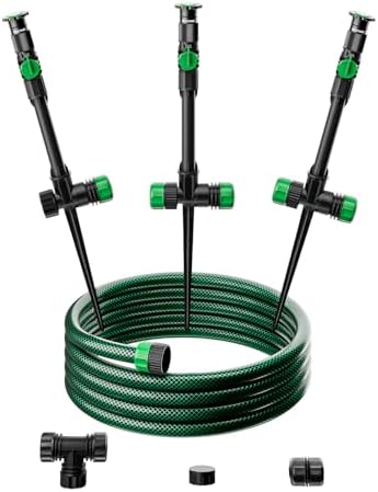 RESTMO Flexible Sprinkler System with Metal Spike Base, Above Ground DIY Irrigation Kit, Multi-Adjustable Lawn Sprinkler Set, Ideal for Plant and Flower Bed Watering, 30ft Garden Hose Included