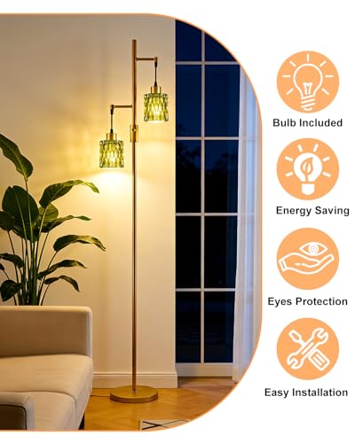 Image of 65IN Glass Floor Lamp, 2-Light Gold Standing Tall Lamps Dimmable with Green Glass Lampshade, 3000K Warmwhite Mid Century Modern Floor Lamp with 5Lbs Heavy Base for Living Room /Bedroom /Corner