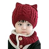 [Cute Wink] ベビー ニット帽 ネックウォーマー 2点セット あったか かわいい ニット帽子 猫耳 子供 赤ちゃん キッズ 帽子 冬 ワインレッド